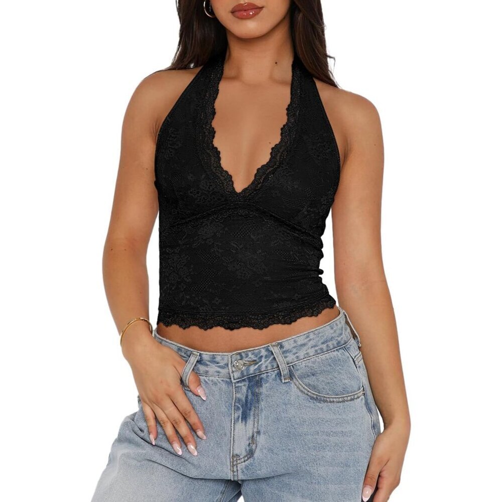 Women Lace Crop Top Halterneck Sleeveless Backless V-Neck Slim Fit Summer Tanks